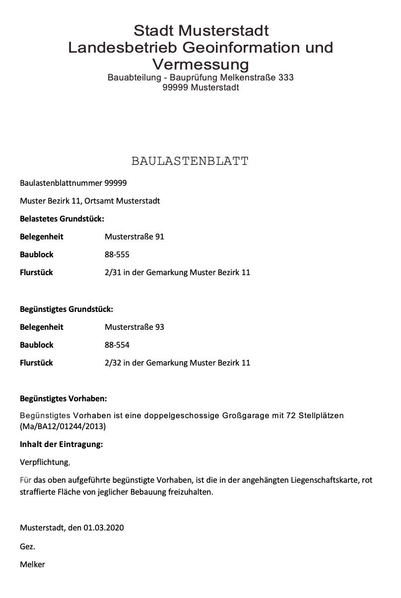 Auszug aus dem Baulastenverzeichnis Muster Der Auszug aus dem Baulastenverzeichnis. Das Muster eines Baulastenblatt