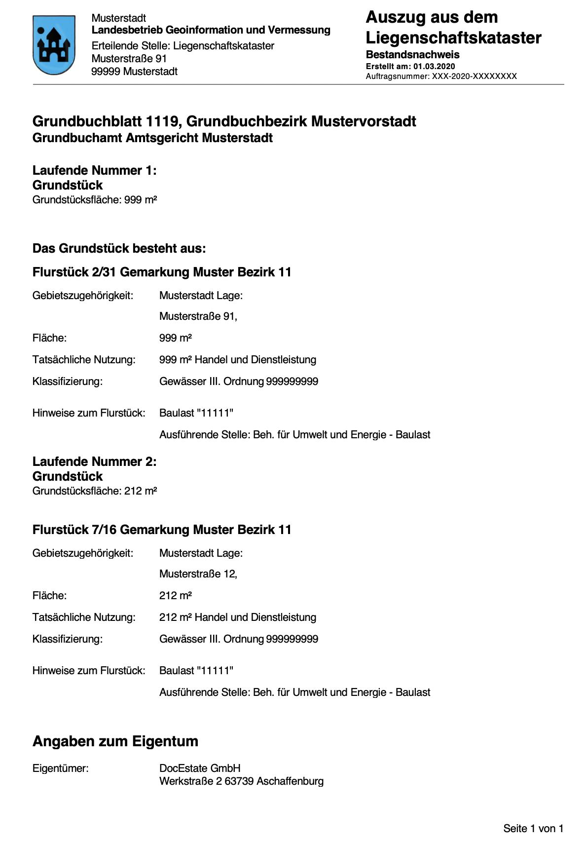 Bestandsnachweis Katasterauszug Muster Muster eines Bestandsnachweis Katasterauszug