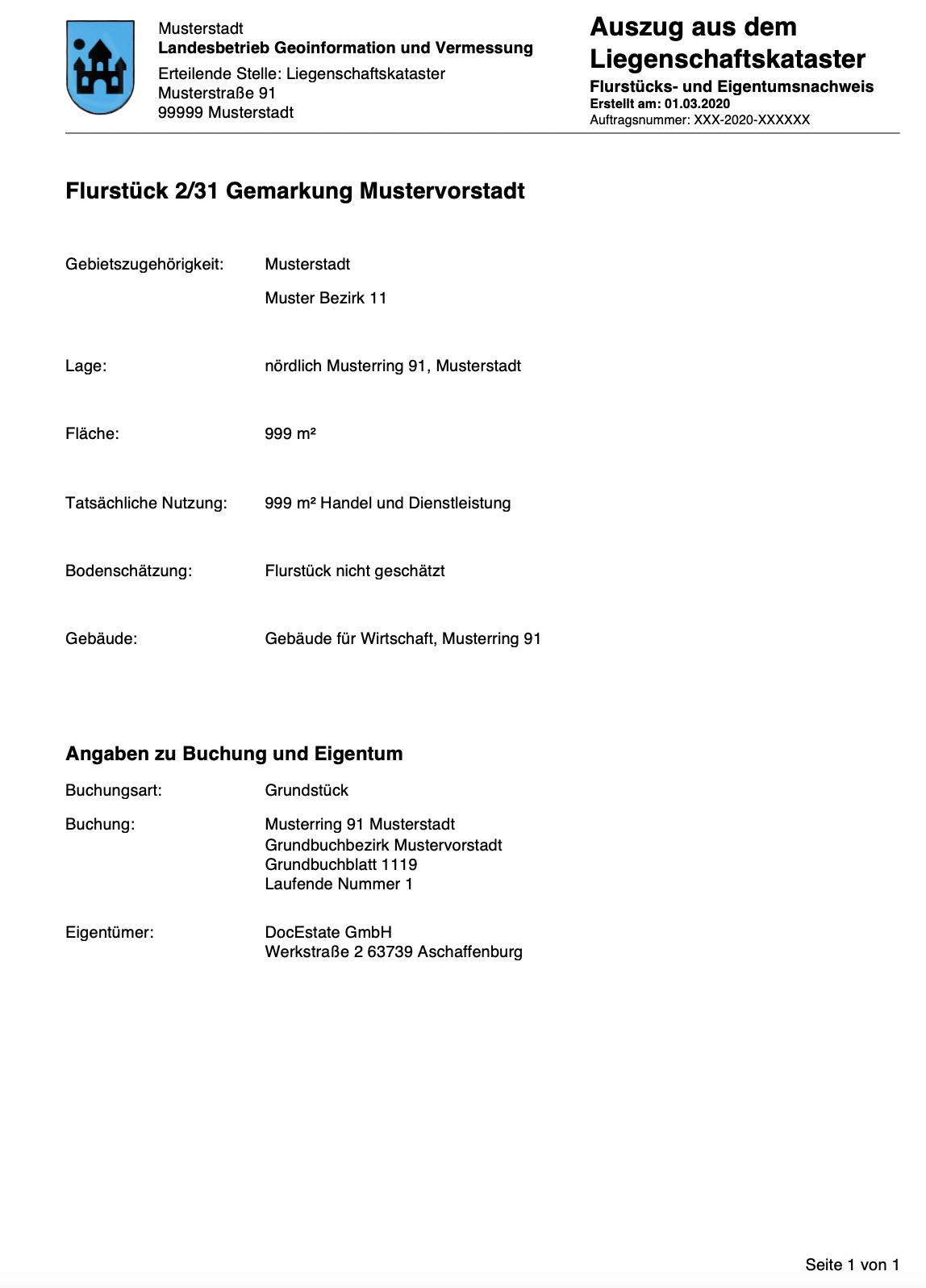 Flurstücks- und Eigentümernachweis Katasterauszug Muster Muster eines Flurstücks- und Eigentümernachweis Katasterauszug