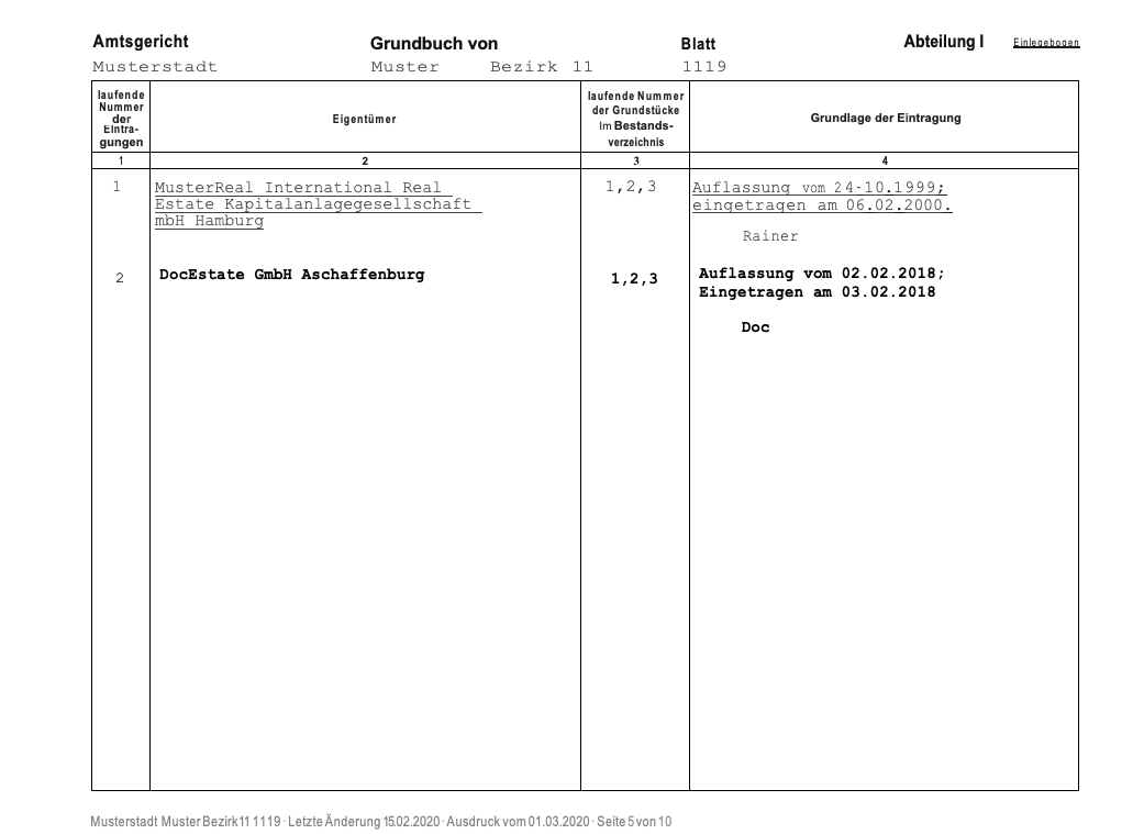 Muster eines Grundbuchauszugs: Abteilung 1. Die erste Abteilung nennt in erster Linie die Eigentümer des Grundstücks.