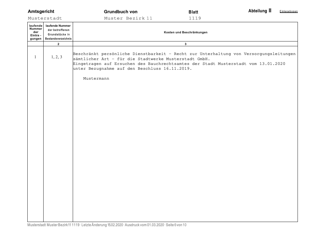 Muster eines Grundbuchauszugs: Abteilung 2. Hier werden dinglichen Rechte wie Nießbrauch, Reallasten oder Dienstbarkeiten aufgeführt.