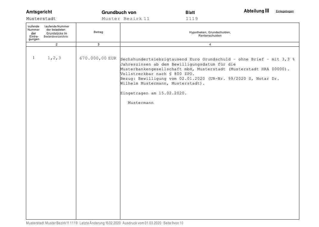 Das Muster eines Grundbuchauszugs: Abteilung 3. Die letzte Abteilung listet gegebenenfalls vorhandene Grundpfandrechte wie Grundschulden, Hypotheken oder Rentenschulden auf.